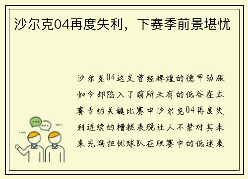 沙尔克04再度失利，下赛季前景堪忧