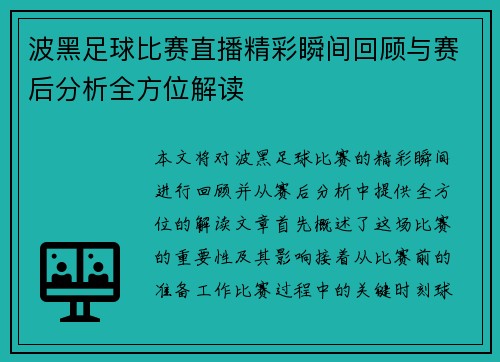 波黑足球比赛直播精彩瞬间回顾与赛后分析全方位解读