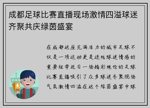 成都足球比赛直播现场激情四溢球迷齐聚共庆绿茵盛宴